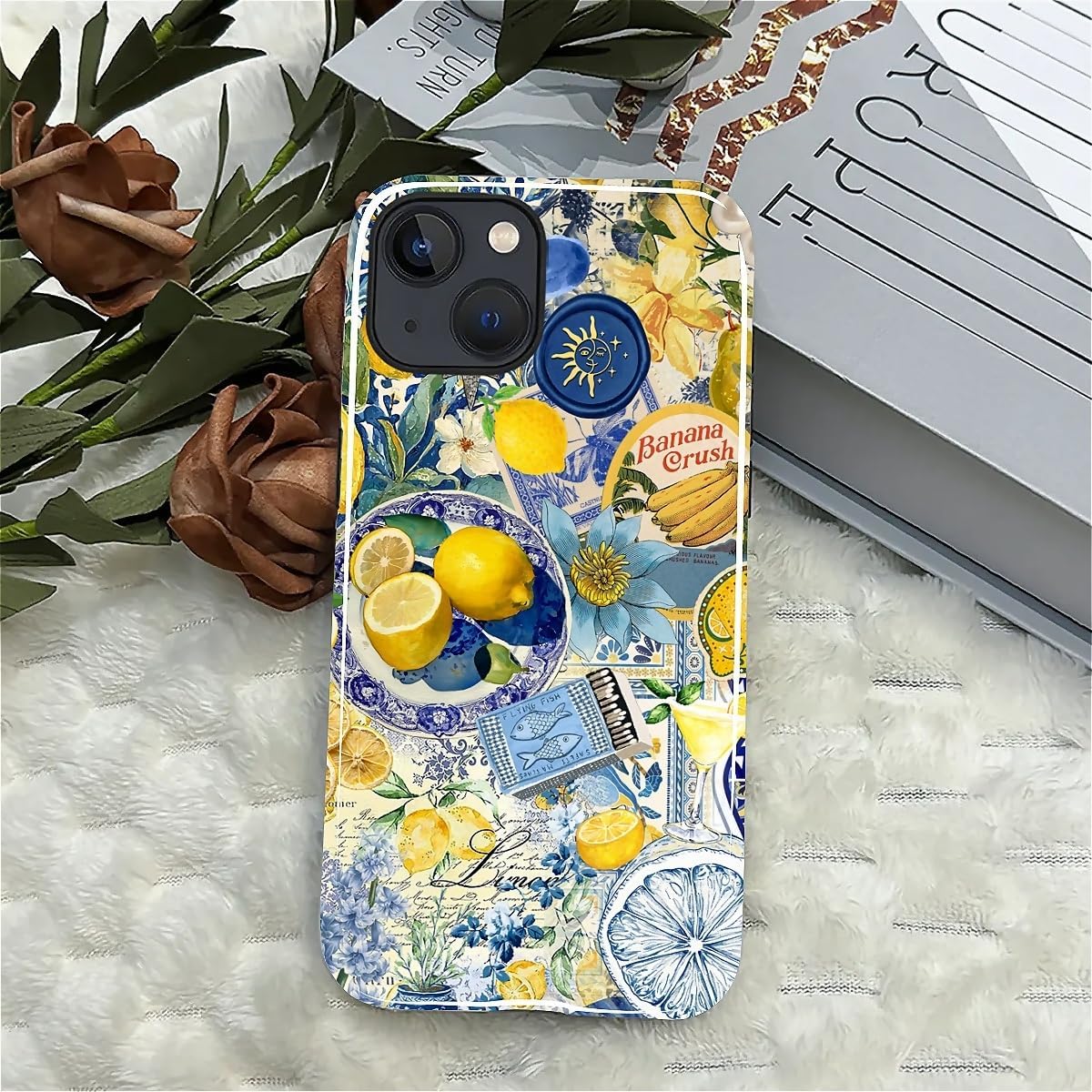 Case Compatible with iPhone 15 Plus, Cute Dual Layer Hybrid Phone Cover, Military Grade Drop Protection, Aesthetic Shockproof Phone Case for Women Girls, Vintage Lemon Collage