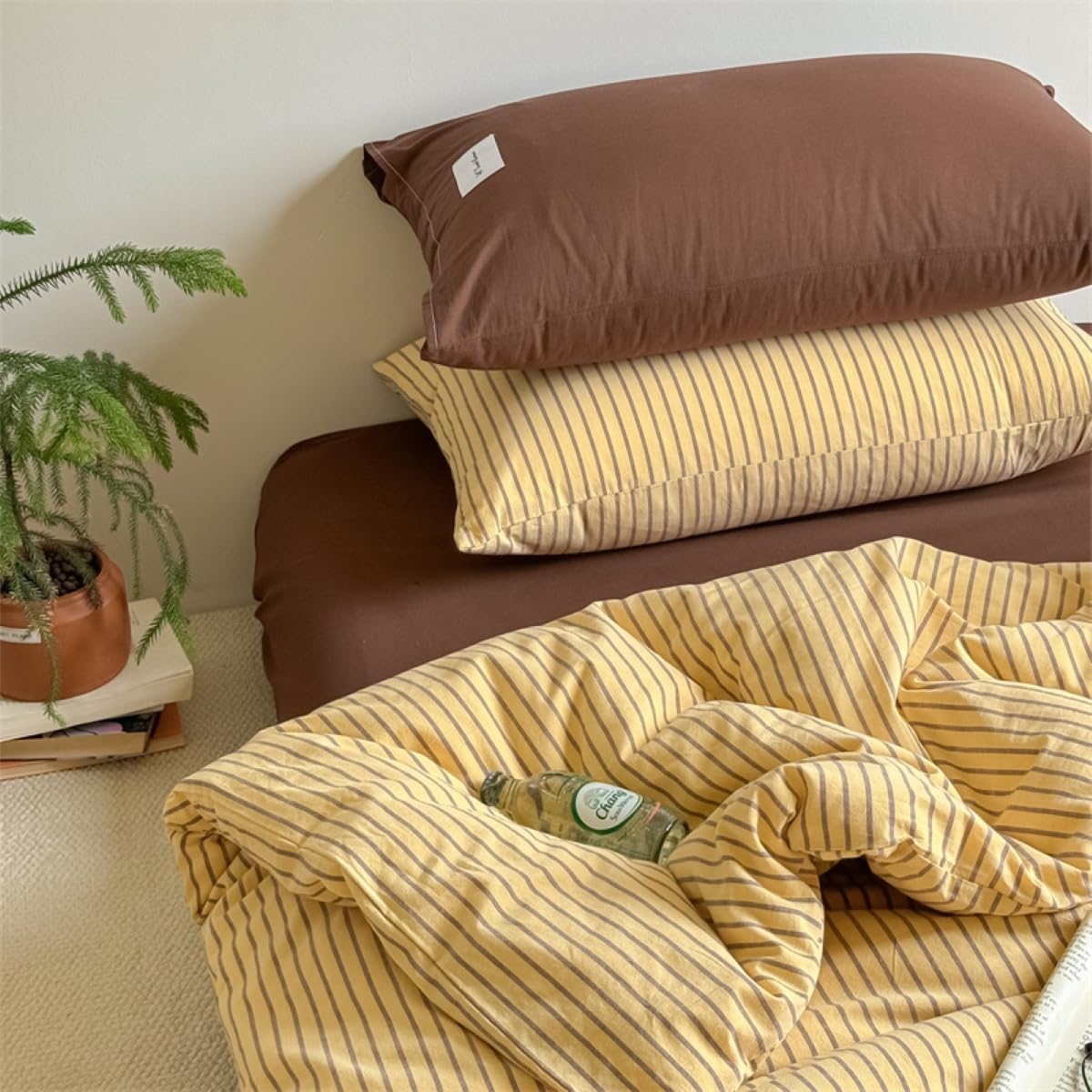 Striped Comforter Set Twin Size Brown Stripes Yellow Comforter Bedding Set Retro Vertical Ticking Striped Twin Bed in a Bag Soft Lightweight Comforter Set with 1 Pillowcase