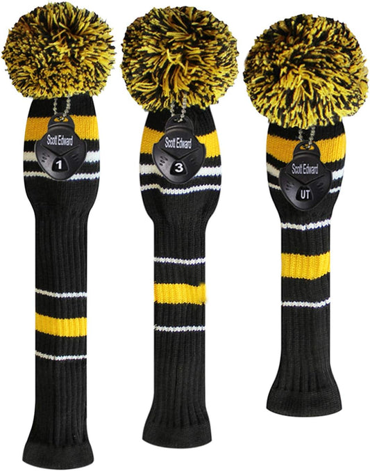 Golf Club Cover with a Pom Pom Set of 3 Fits Well Driver(460cc) Fairway Wood and Hybrid(UT) with Rotating Club Number Tags for Male/Female Golfers