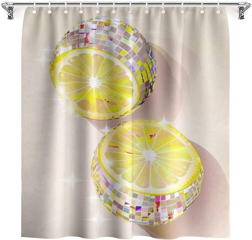 Lemon Disco Ball Shower Curtain Set for Bathroom Plant Design Yellow Aesthetic Lemons Shower Curtains Modern Bathroom Decoration Waterproof Washable Fabric with 12 Hooks 72"×72"