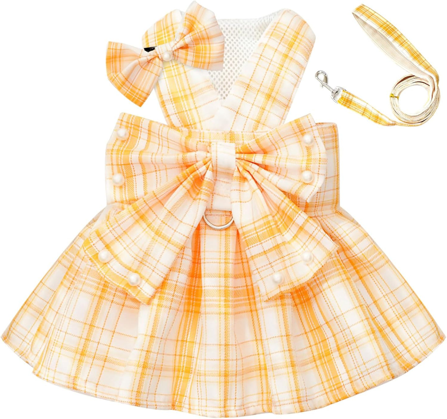 Cute Dog Dress Clothes for Small Dogs Cats Girl Female Yellow Plaid Bow Tie Dog Harness Dresses Leash Set with Pearls Bow Accessories Birthday Puppy Dress Shih Tzu Yorkies Chihuahua Outfits