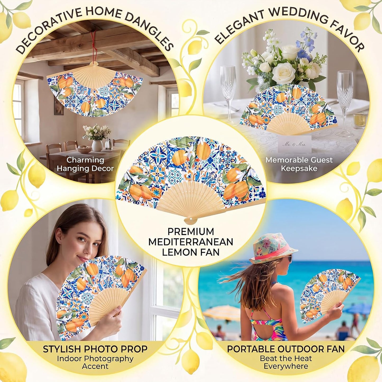 25 Sets Lemon Paper Fans with Cards and Fake Lemons Capri Lemon Folding Hand Paper Fans for Bridal Wedding Guests Gift Mediterranean Party Decorations Bridal Shower Supplies