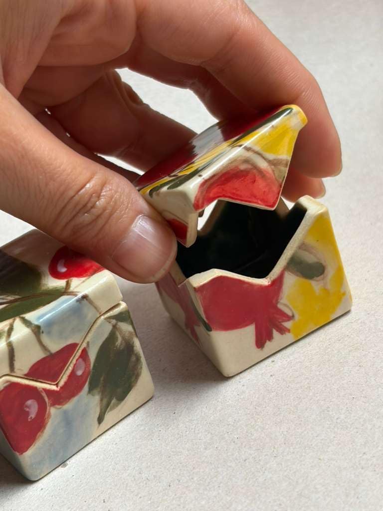 Ceramic Jewelry Box, Small Trinket Storage, Fruit Painted Design, Lidded Cube