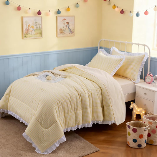 5 Pieces Lightweight Soft Rustic Yellow Ruffle Comforter, Plaid Checkered Chic Bedding Comforter Set for Queen Bed