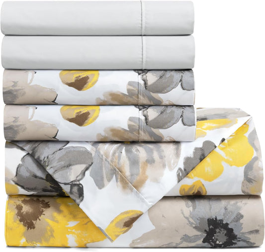 Leah Soft Floral Sheet Set, 6 Piece Set, Queen, Yellow & Gray- Queen Size Sheet Set - Printed Bedding - Watercolor Florals - Farmhouse Décor