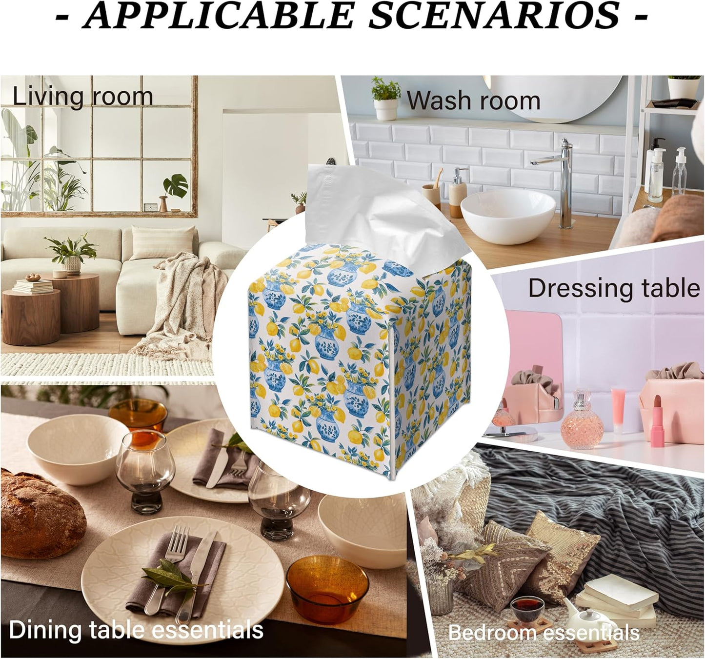 Lemon Tissue Box Cover Blue Vase Pattern Square Decorative Holder Mediterranean Kitchen Bathroom Home Decor
