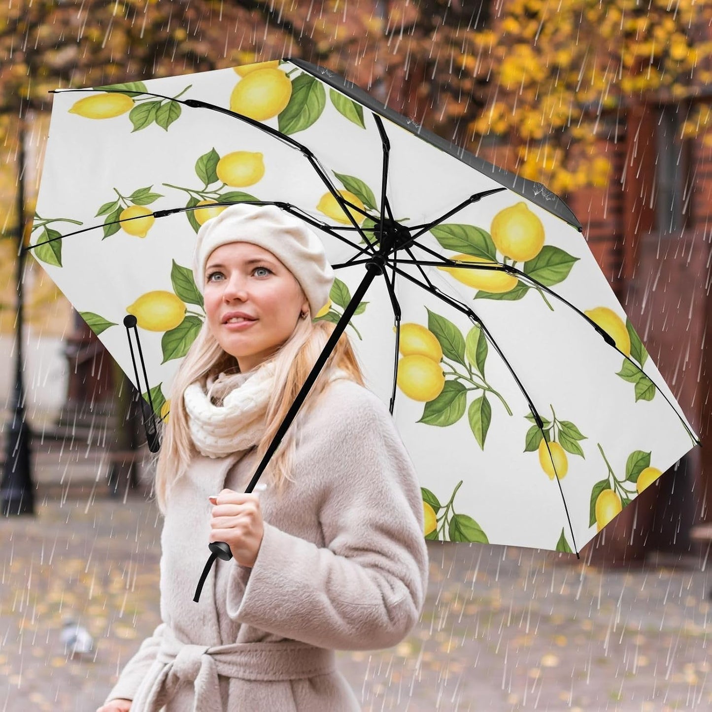 Yellow Lemons Folding Umbrella Compact Automatic Open Close, Windproof Travel Umbrella for Sun and Rain, Lightweight Portable Umbrella for Men and Women