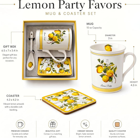 Lemon Coffee Mug Gift Set, 10 oz Ceramic Tea Cup, Yellow | With Spoon & Coaster, Elegant Gift Box, For Women & Tea Lovers, Kitchen & Office Decor