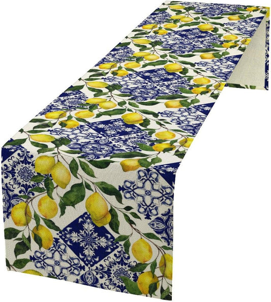Blue Tiles Lemon Table Runner Summer Fruit Chic Kitchen Dinner Runner for Indoor Home Living Room Party Dining Table Decoration 13"x36"