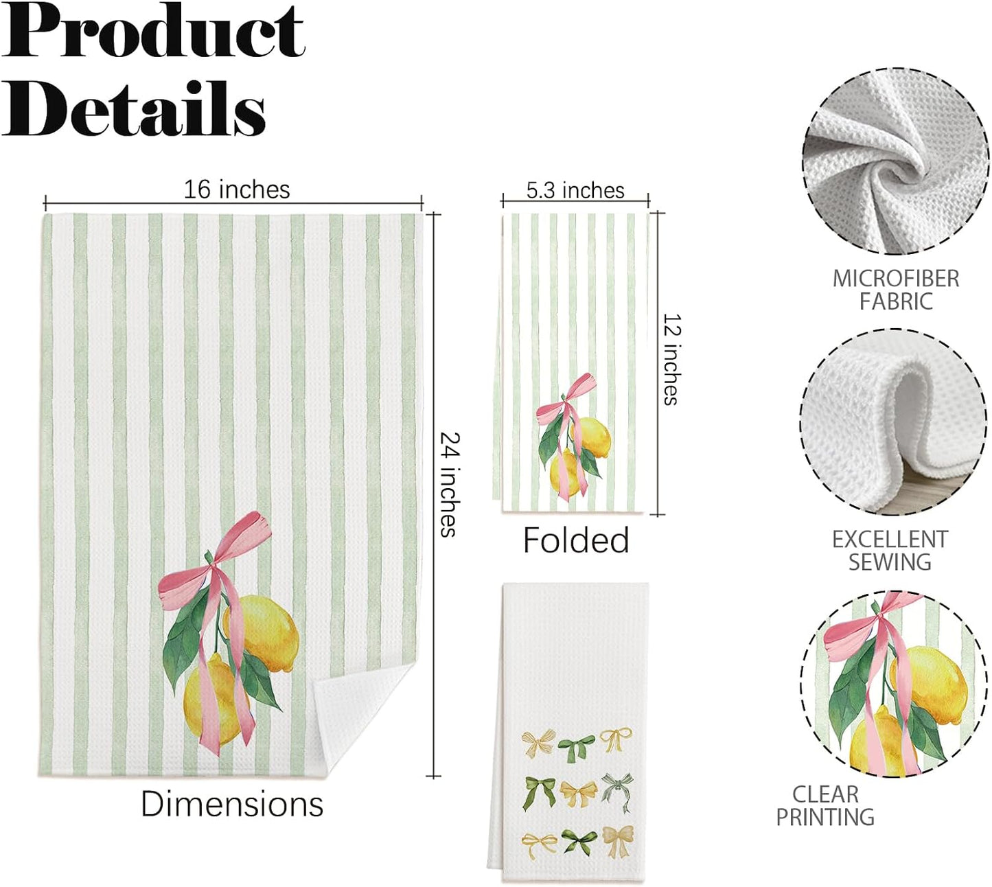 Sweet Lemon Pink Bow Summer Kitchen Towels, Lemon Kitchen Towels for Bathroom, Summer Decorations for Home Set of 2