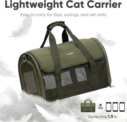 Cat Carrier Soft, Ultra Lightweight Airline Approved Dog Carrier | Kitten Carrier with Anti-Scratch Mesh, Breathable Small Dog Carrier Bag, Collapsible Pet Carrier for Cats Under 15 lb, Green