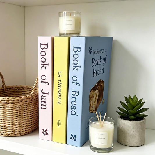 Faux Books for Decor Set of 3, Hollow Core Paperboard Decorative Books, Pink Blue Yellow Pastel Colors with Cake & Bread Art Stackable Decor for Coffee Table, Bookshelf & Mantel Styling