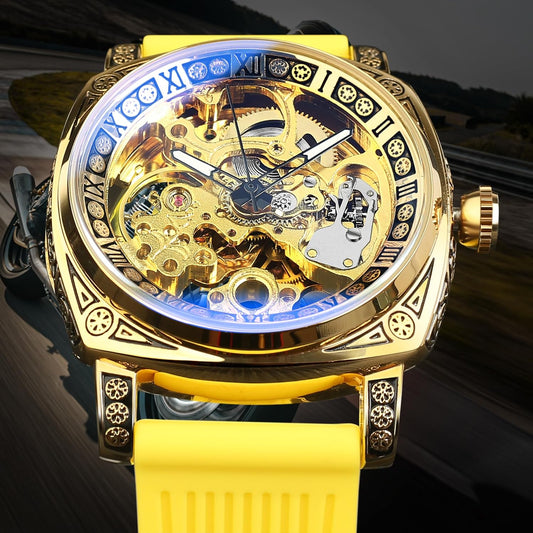 Watches for Man, Square Retro Mechanical Watch Self-Wind Carved, Skeleton Automatic Watches Vintage Leather Strap Wristwatch