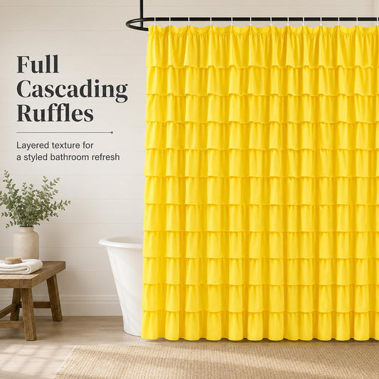 Ruffle Shower Curtain,84-inches Extra Long, Yellow Ruffled Bath Curtains for Bathroom, Fabric Farmhouse Decor, Soft Touch Decorative Cloth Texture, (72 inch Wide,1 Panel)