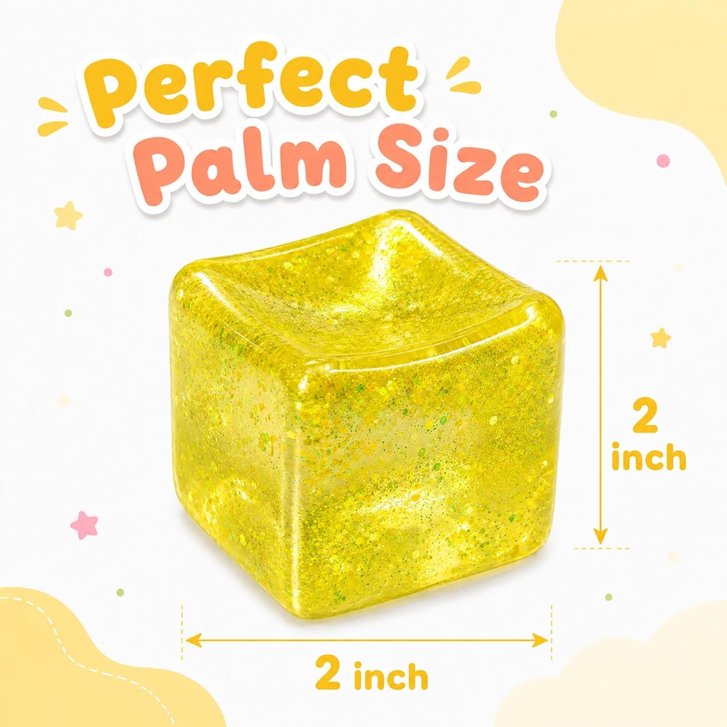Heavy Duty Squishy Block Toy, 2" Stress Relief Ball, Sensory Fidget Toy for Adults , Calming Desk Accessory and Heavy Squeeze Toy (Glitter Yellow Cube)