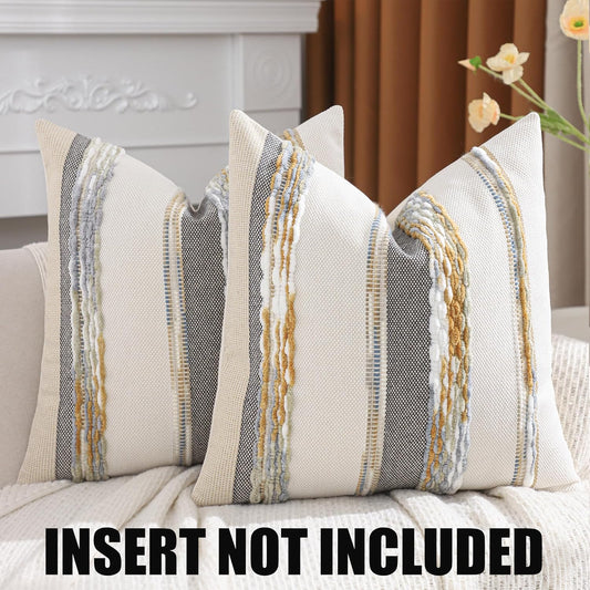 Boho Tufted Throw Pillow Covers 18x18 Set of 2 Striped Decorative Pillow Cases Accent Chenille Pillowcases Farmhouse Cushion Case Fall Autumn Home Decor for Sofa Bed Living Room,Yellow and Gray