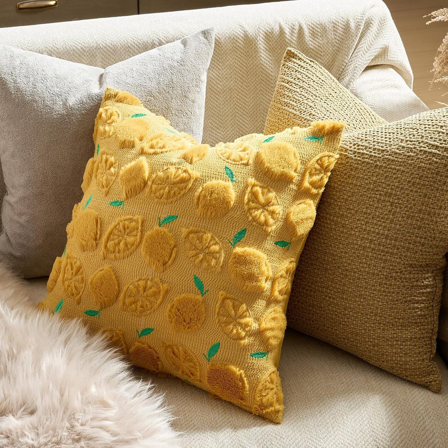 GIGIZAZA Pack of 2 Yellow Pillow Covers 20x20, Decorative Throw Pillows Cute Boho Farmhouse Covers for Couch Faux Fur Fruit Pattern Pillow Cases Embroidered Living Room Cushion Covers