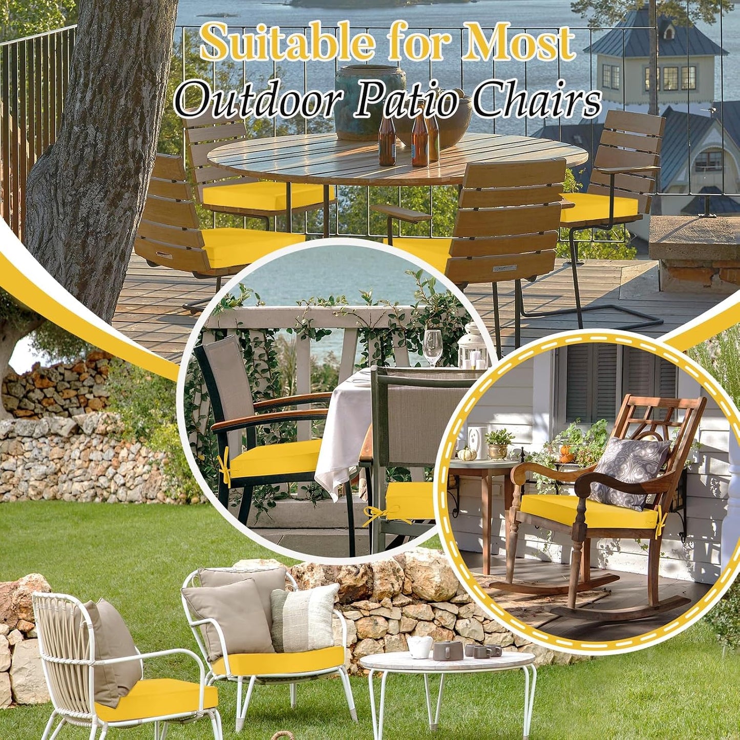 Basic Beyond Outdoor Chair Cushions for Patio Furniture, Waterproof Outdoor Seat Cushions Set of 4 19 x 19, Patio Chair Cushions Set of 4 with Ties and Handle, Yellow
