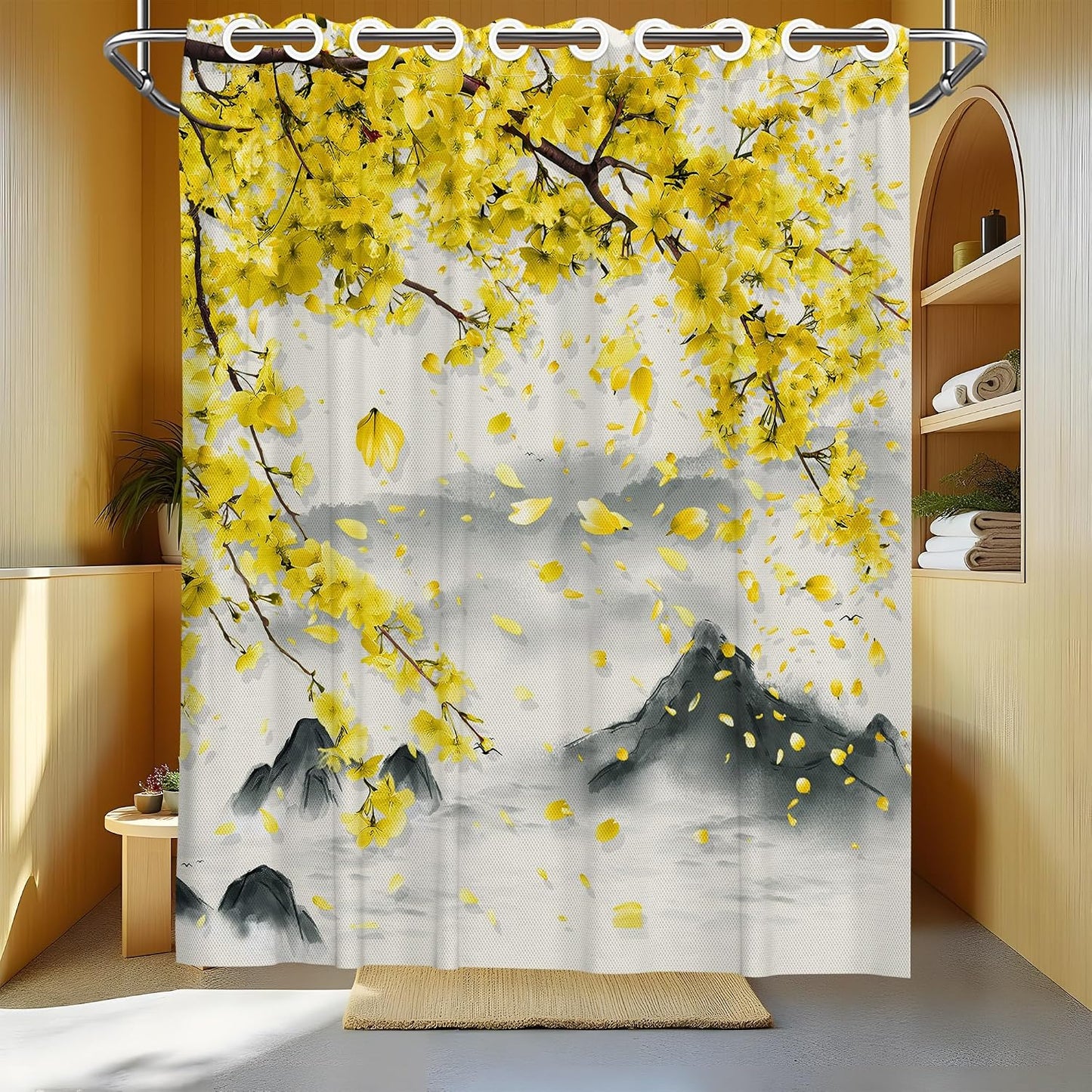 Yellow Floral Hookless Shower Curtain with Snap in Liner Set, Mustard Gray Anime No Hook Shower Curtains for Bathroom Double Layer Ringless Liner with Magnets Waterproof Fabric, 71 x 74 Inch