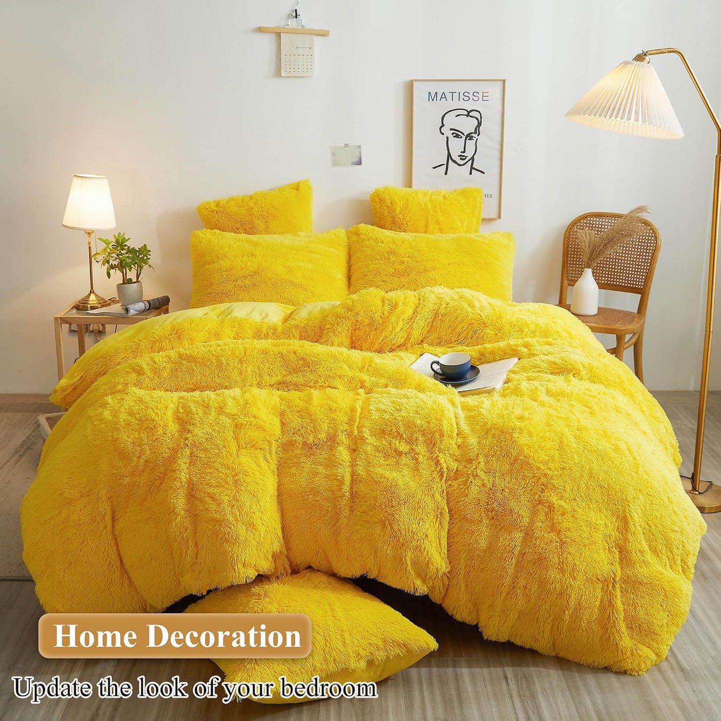 XeGe Faux Fur Throw Pillow Covers, Luxury Fluffy Plush Pillow Shams, Shaggy Decorative Pillow Cushion Cover for Sofa Bed Couch with Zipper Closure, Pack of 2 (18''x18'', Yellow)