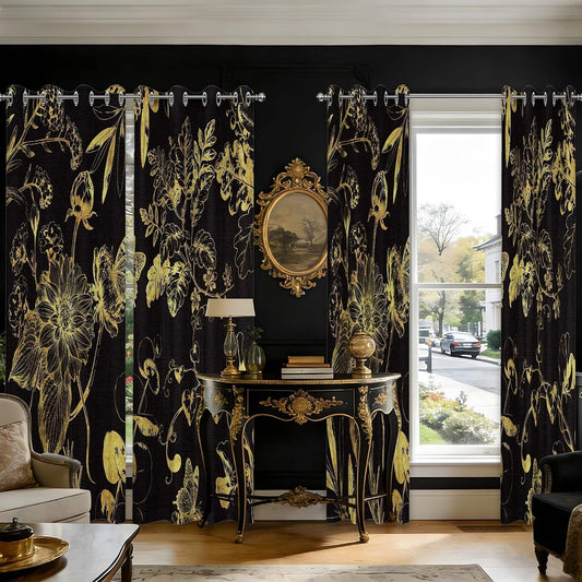 Black and Gold Vintage Botanical Blackout Curtains Patterned Golden Yellow Floral Window Drapes for Bedroom Living Room, 84 inch Length 2 Panels Set, 52x84 inch