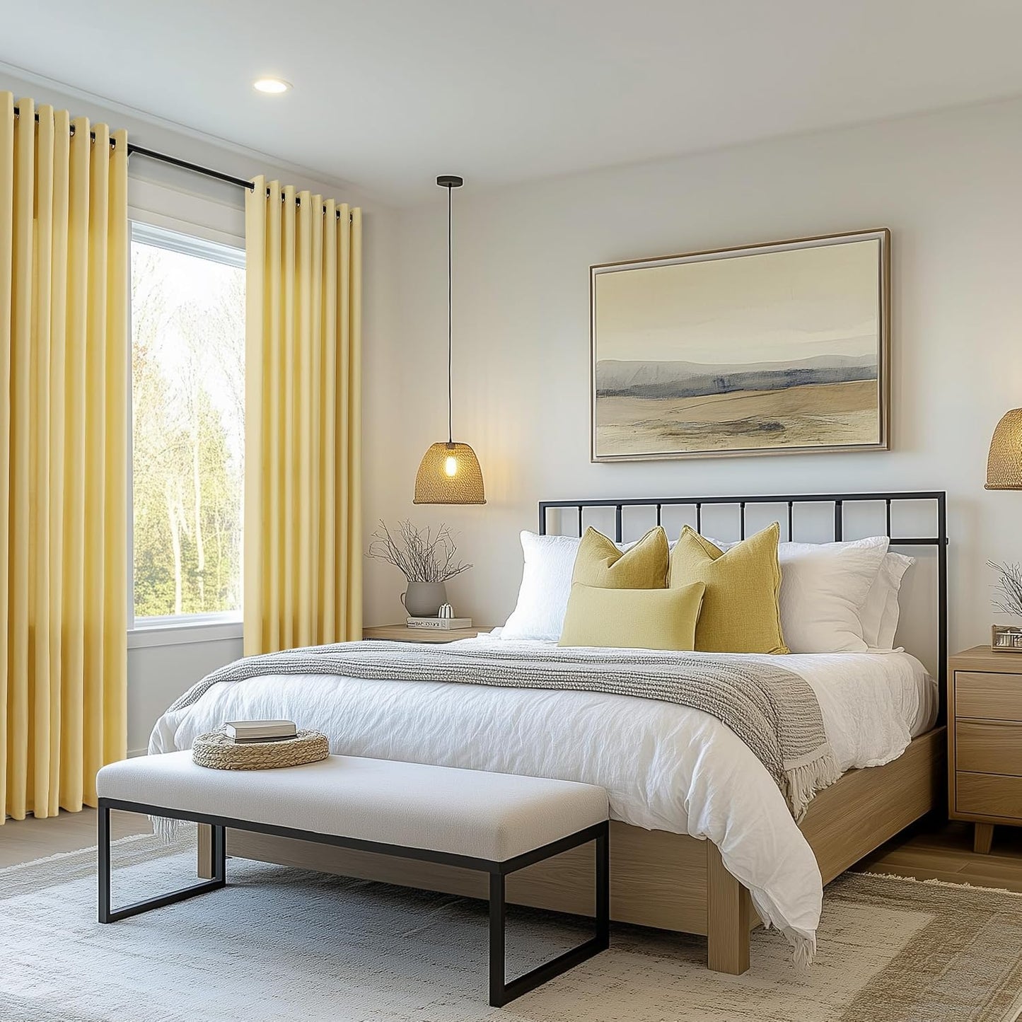 Jowels Yellow Linen Curtains 84 Inch Length 2 Panels for Living Room Bedroom, Light Filtering Sheer Curtains 84 Inches, Elegant Modern Grommet Semi Sheer Soft Privacy Drapes