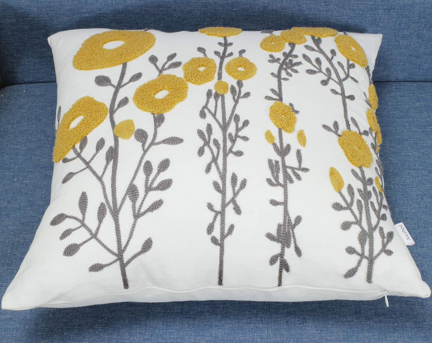 Mustard Yellow Flora Throw Pillow Covers Fall Decorative Pillowcase 18x18 Embroidered Cushion for Home Living Room Farmhouse Couch Sofa Picnic 2 Pcs