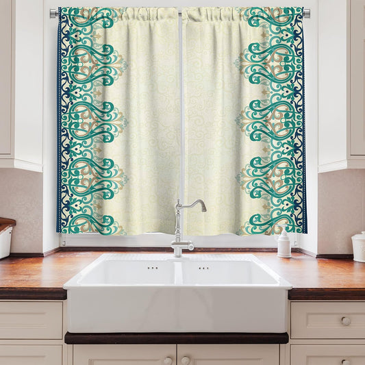 Ambesonne Damask Kitchen Curtains, Ornamental Lace Like Border Victorian Style Pattern Design Illustration, Window Drapes 2 Panel Set for Kitchen Cafe Decor, 55" X 39", Yellow Jade