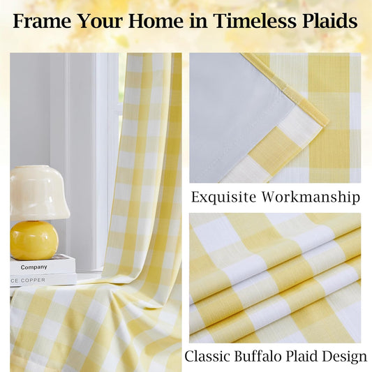 Yellow White Buffalo Plaid Full Blackout Curtains 84 Inches Long,Farmhouse Double-Layer Panels,Darkening Thermal Insulated Window Treatment,Rod Pocket Back Tabs,40" Wx84 Lx2