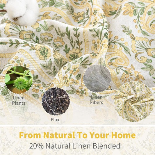 BGment Yellow Boho Curtains for Living Room - Linen Leaf Paisley Floral Pattern Light Filtering Cottage Core Grommet Window Linen Semi Sheer Drapes for Farmhouse, 2 Panels, 52 x 84 Inch