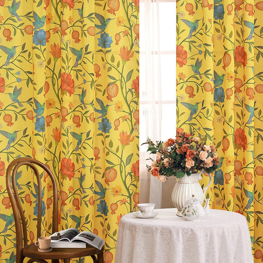 JOOJA Mustard Yellow Floral Linen Curtains, Boho Whimsical Bird Print Curtains for Bedroom Window Colorful Patterned Sheer Curtains for Living Room Kitchen 2 Panels 63 Inches Long