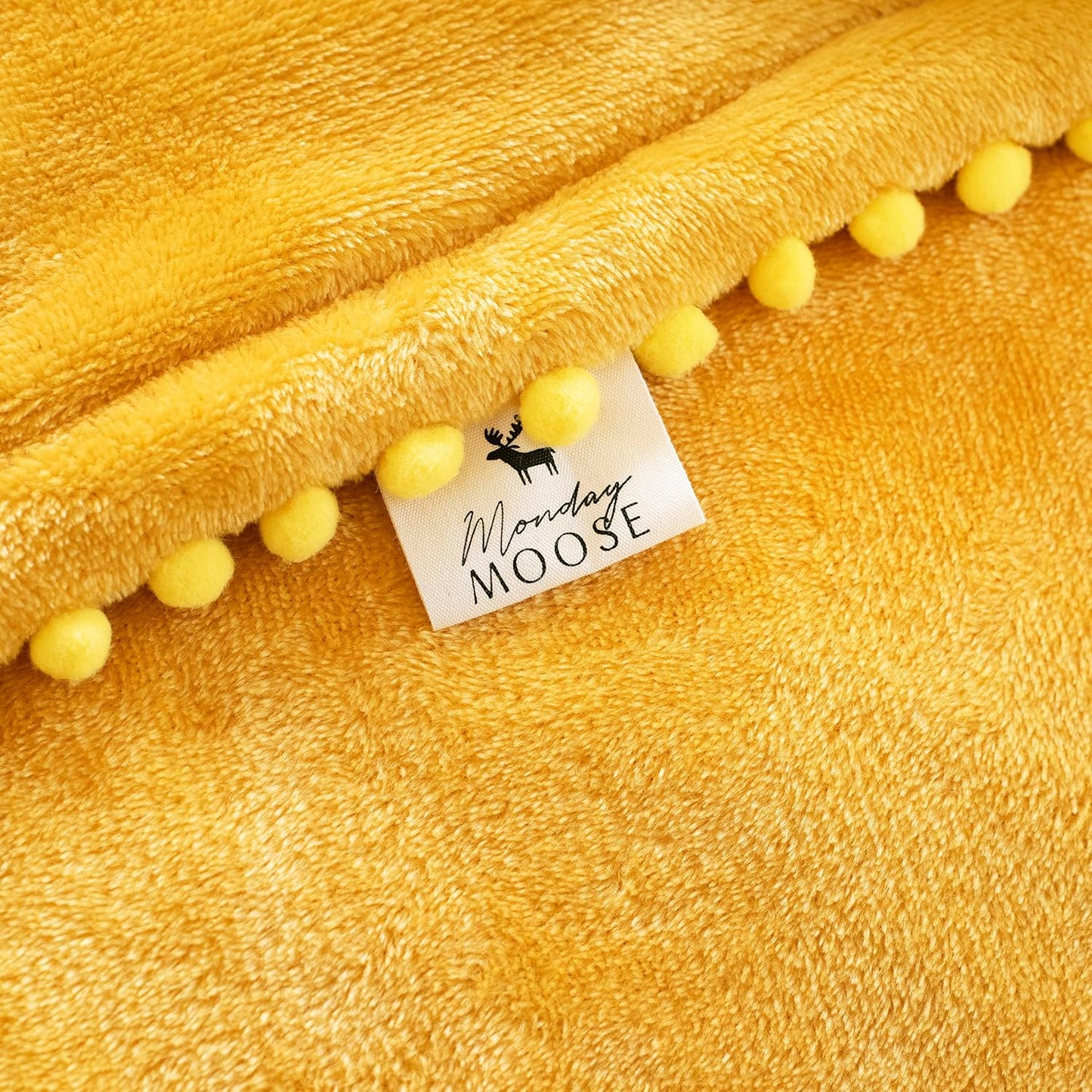 MONDAY MOOSE Cozy Fleece Throw Blanket with Pom Pom Fringe, Super Soft Blanket, Double-Sided Designs, for Couch Bed Sofa Home Decor (50x60 inch, Yellow/Beige)