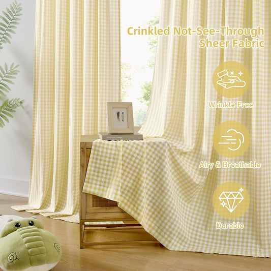 ZJDECOR 84 Inches Yellow White Buffalo Plaid Curtains,Farmhouse Crinkled Not-See-Through Sheer Window Treatment for Bedroom Living Room Nursery,Rod Pocket,Tiebacks Included,52" Wx84 L(Pack of 2)