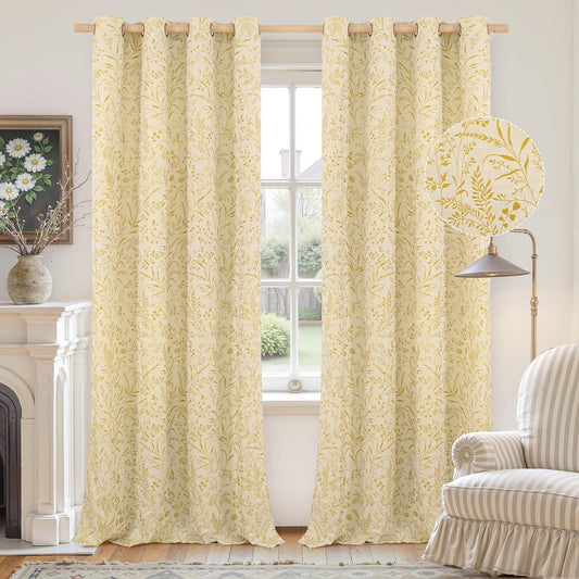 BGment Yellow Vintage French Country Curtains for Living Room 96 Inch Length, Botanical Jacquard Cottage Core Farmhouse Linen Curtains Bronze Grommet Light Filtering Drapes, 2 Panels, 52 x 96 Inch