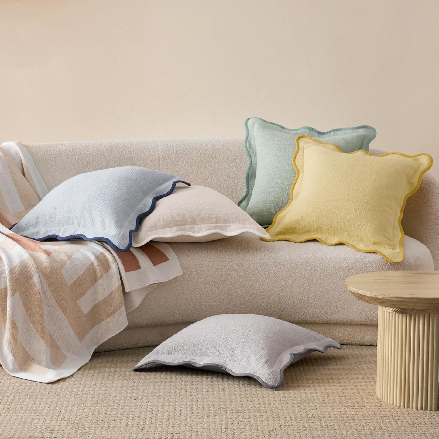 Double Stitch Scalloped Throw Pillow Covers - 100% Cotton Set of 2 Decorative Boho Pillow Covers 20 x 20, Made in India, Square Cushion Case, Modern Home Decor for Couch Sofa, Lemon Yellow