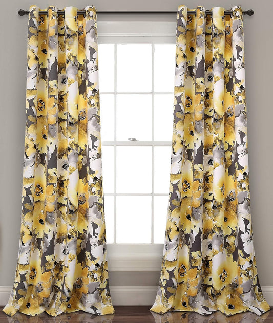 Lush Decor Floral Watercolor Light Filtering Window Curtain Panel Pair, 52"W x 84"L, Yellow & Gray