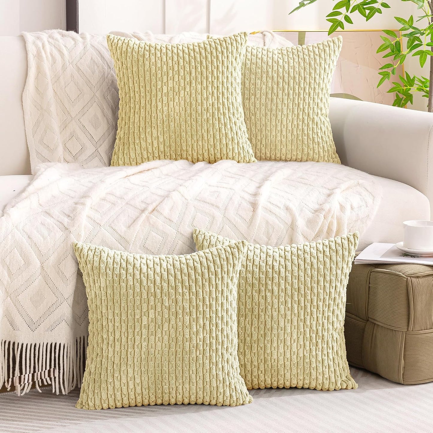 Set of 4 Pale Yellow Decorative Throw Pillow Covers 18x18 Inch Corduroy Pillow Covers for Bed Couch Sofa Living Room Soft Square Cushion Cases
