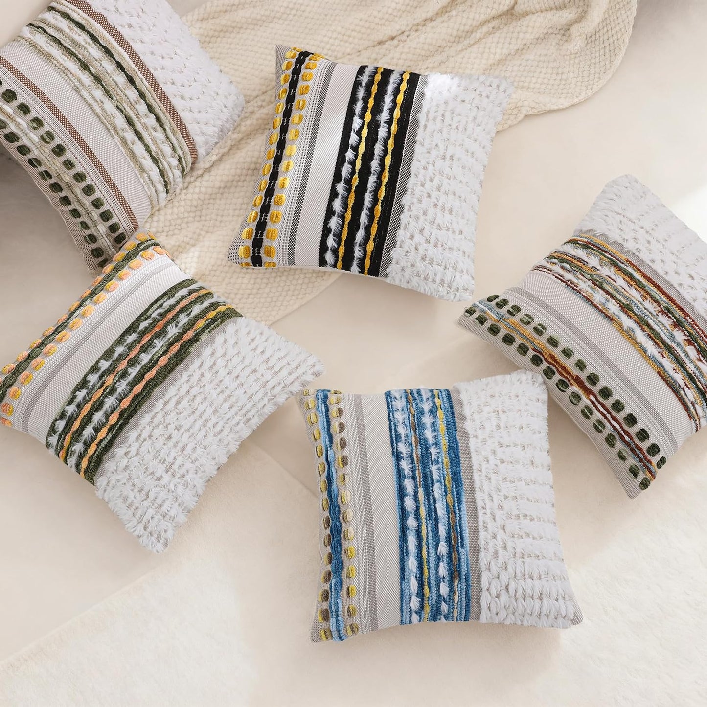 18x18 Inch Boho Pillow Covers Set of 2 Chenille Throw Pillow Cases for Couch Farmhouse Decorative Striped Cushion Covers for Sofa Bedroom Living Room (Blue Yellow)