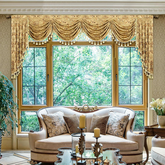 Loom and Mill Luxury Waterfall Valances for Windows, Elegant Jacquard Thick Swag Waterfall Curtains Valance with Tassels for Living Room, Bedroom Party Christmas Decor (Yellow, W110 Inch, 1 Panel)