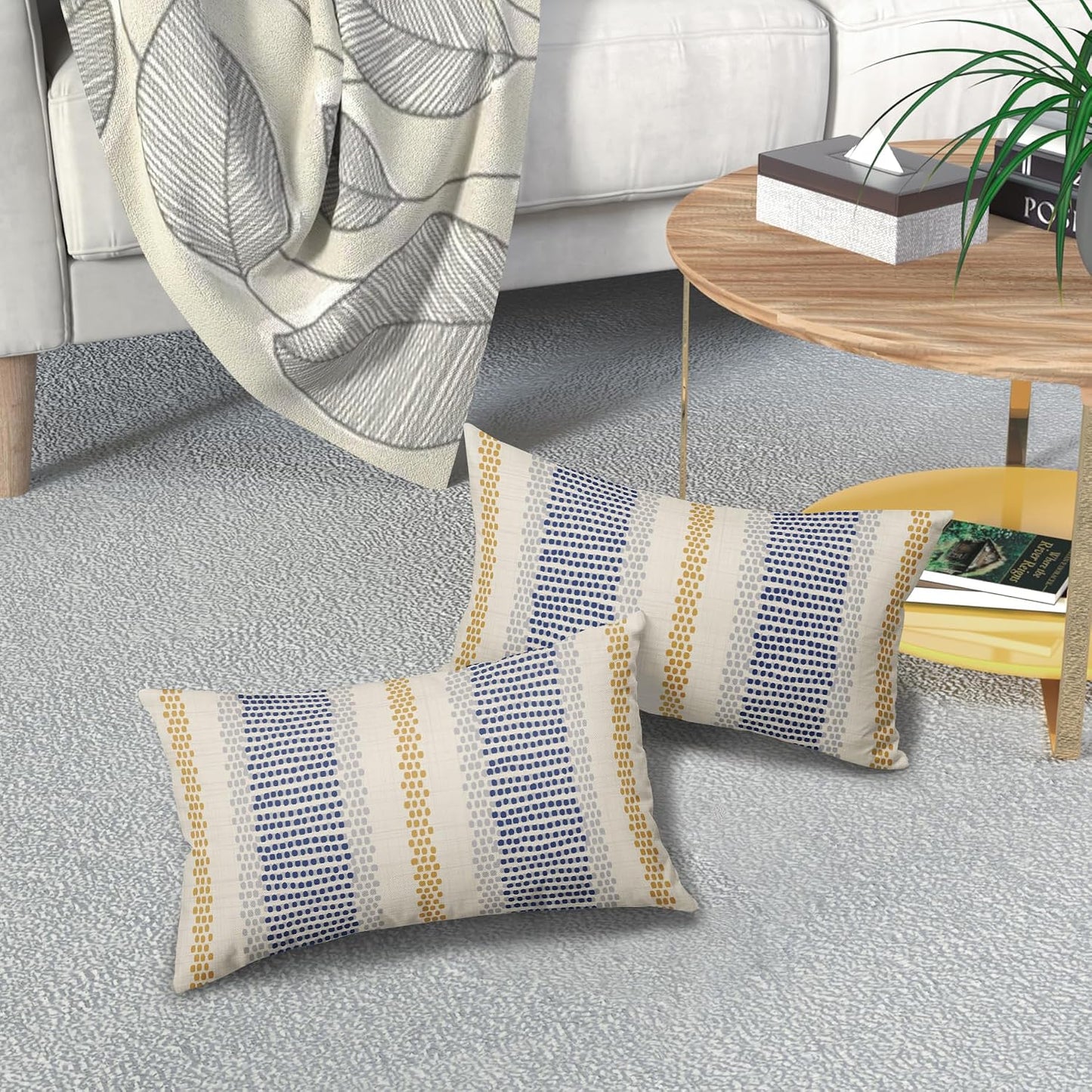 Blue Yellow Pillow Covers 12x20 Set of 2 Gray Grey Dot Print Striped Rectangle Decorative Outdoor Pillowcases Boho Rustic Farmhouse Decorative Throw Cushion Case Decor for Couch Sofa Bed