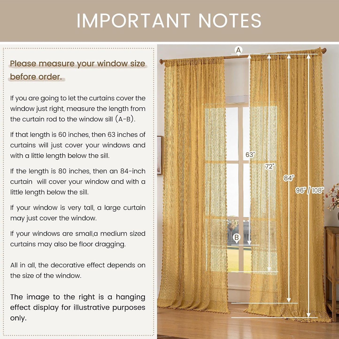 WAZZIO Boho Lace Curtains 84 Inches 2 Panel,Light Filtering Privacy Tassel & Geometry Crochet Semi Sheer Curtain Drapes for Bedroom Living Dining Room,Rod Pocket & Tassel,Mustard Yellow