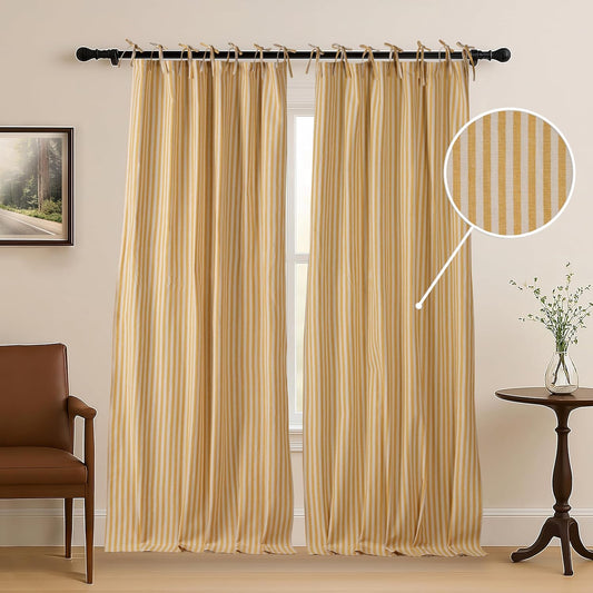 THE ART BOX Gauze Striped Curtains,Boho Linen Tie Top Hanging Curtains Light Filtering Door Window Treatment 2 Panel Curtain Drapes for Living Room Bedroom Yellow Stripes (72''x42'' Each Panel)