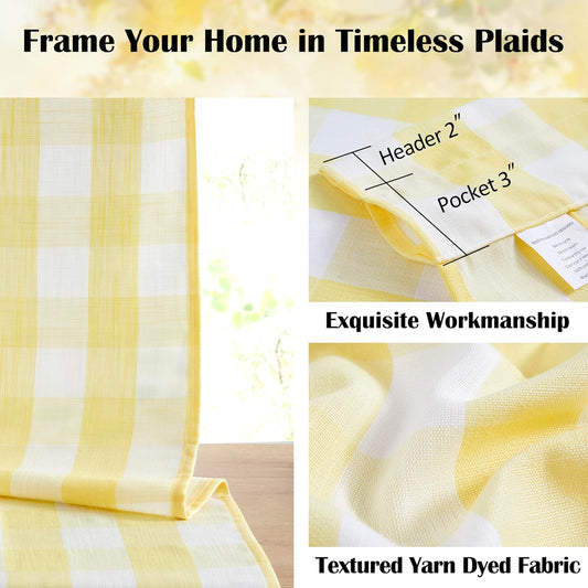 Yellow White Buffalo Check Semi Sheer Curtains,84 Inches Long Cottage Drapes for Bedroom Living Room,Rustic Checkered Window Treatment,Rod Pocket,Yellow/White,40" Wx84 L(Pack of 2)