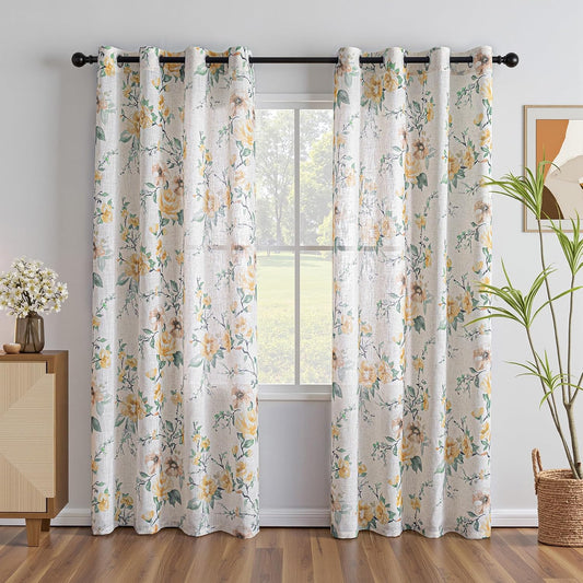 MEETSKY Floral Curtains 84 Inch Length 2 Panels Set, Spring Linen Curtains for Living Room/Bedroom, Light Filtering Semi Sheer Rose Print Vintage Drapes, Set of 2 Panels, Yellow, Each 52 Inch Wide