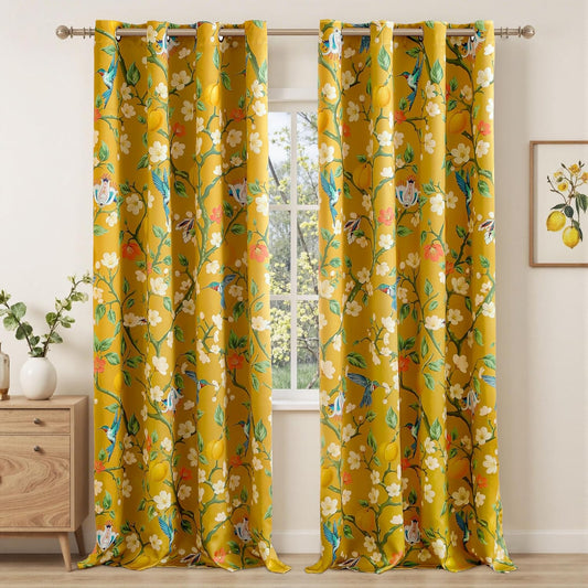 Floral Curtains 100% Blackout Vintage Hummingbird Black Out Curtain 84 Inches Long Thermal Insulated Window Drapes 2 Panels Grommet Room Darkening Curtains for Living Room Bedroom, Mustard Yellow
