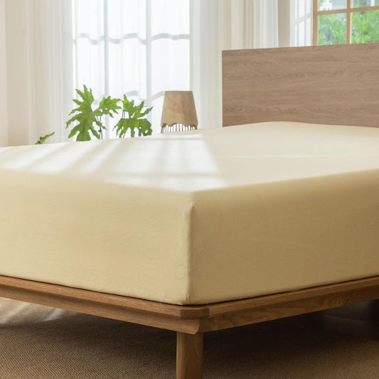 Fitted Bottom Sheet Only 100% Washed Cotton Linen Like Textured Breathable Durable Soft Comfy Deep Pocket Fits Mattress up to 17" (Heathered Butter Yellow, Full)