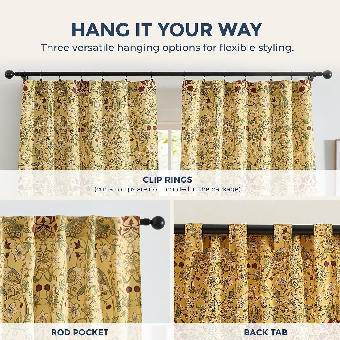 HLC.ME Florence Mustard Yellow Floral Curtains - Whimsical Hummingbird Chinoiserie Patterned Back Tab Rod Pocket Print Curtains Bedroom - Light Blocking Darkening Window Panels, Set of 2 (52 W x 84 L)