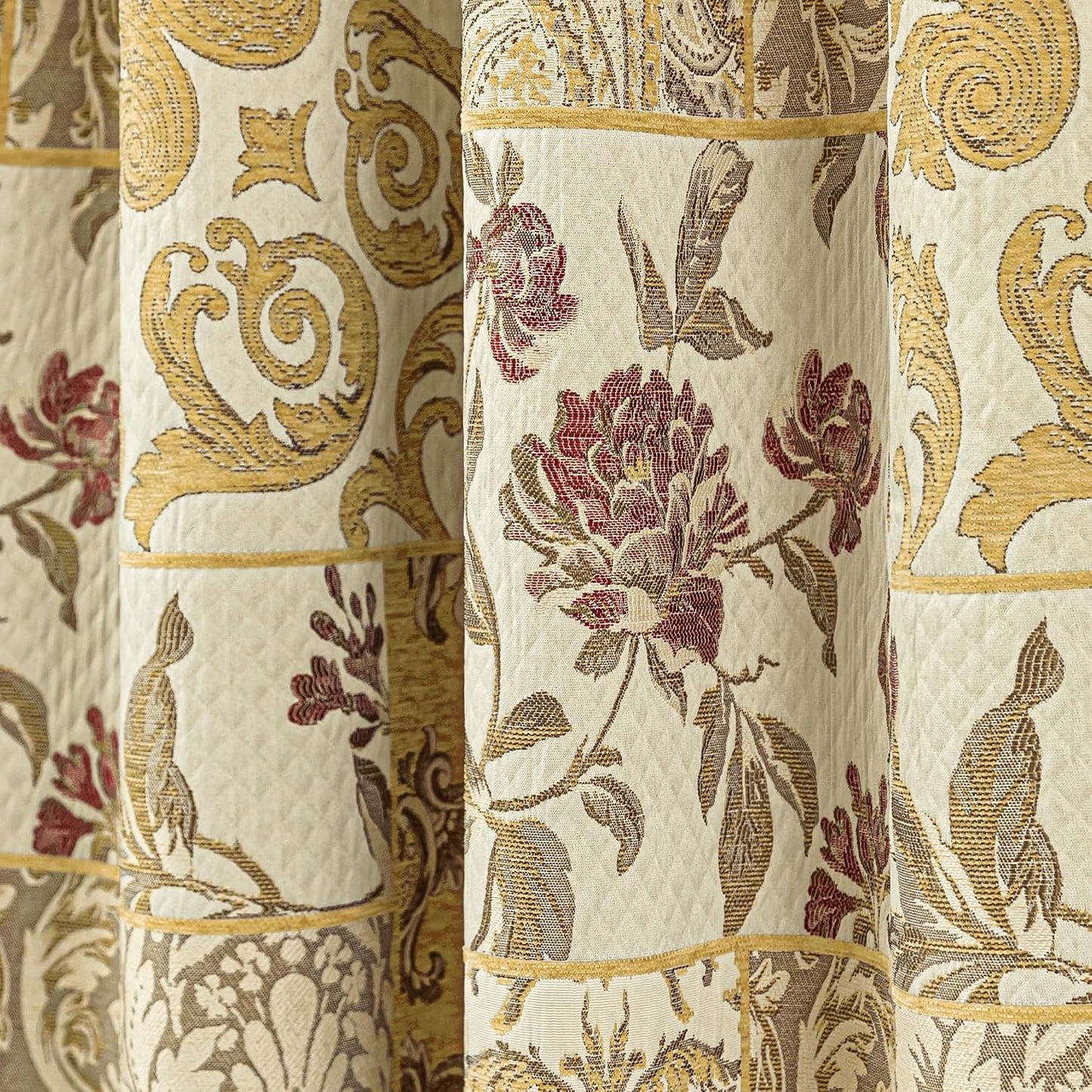 Loom and Mill Damask Patchwork Curtains for Bedroom, Beige Yellow Lined Jacquard Curtains 2 Panels with Tiebacks, Window Curtain for Living Room Banquet Halloween Decor, Rod Pocket(52”x 84”, 2 Panels)