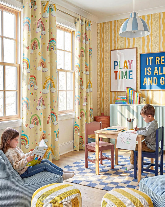 NICETOWN 100% Blackout Rainbow Yellow Curtains, Cartoon Grommet Window Drapes for Kids Bedroom Nursery, Thermal Insulated Room Darkening Treatments, 2 Panels, 52" x 84", Paler Yellow