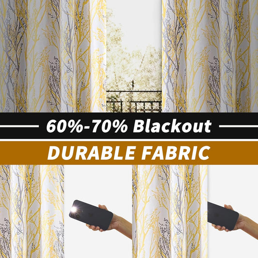 DriftAway Tree Branch Blackout Curtains Double Layer 84 Inches Long for Bedroom Printed Patterned Classic Thermal Insulated Summer Sound Lined Grommet Drapes for Living Room 2 Panels Yellow/White